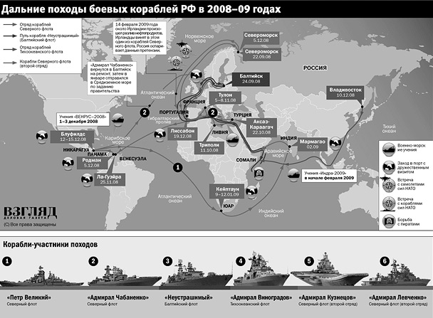 Дальние походы боевых кораблей РФ в 2008–2009 годах (разлив нефтепродуктов) (нажмите, чтобы увеличить)